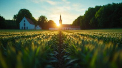 Scenic West Flanders farmland with fields, a distant village church, rural houses, trees, and blue summer sky in Belgium.