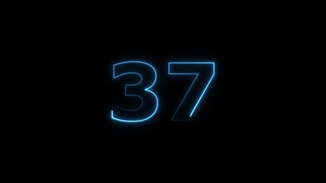 thirty seven number display neon bright flat style royal blue color animation. Glowing  royal blue neon countdown timer 37 number animation on black background.