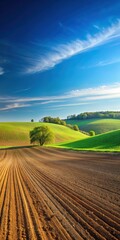 A plowed field in spring with a clear blue sky and lush green grass