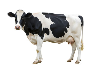 A quirky black and white dairy cow with classic spotted fur, humorously standing upright on two legs like a human, full-body isolated PNG with transparent background, perfect for comic designs, farm b
