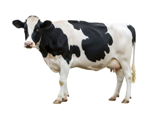 A quirky black and white dairy cow with classic spotted fur, humorously standing upright on two legs like a human, full-body isolated PNG with transparent background, perfect for comic designs, farm b