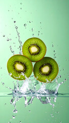 Three kiwi fruits splashing into water against a soft green background, creating a refreshing and vibrant scene