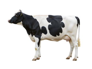 A quirky black and white dairy cow with classic spotted fur, humorously standing upright on two legs like a human, full-body isolated PNG with transparent background, perfect for comic designs, farm b
