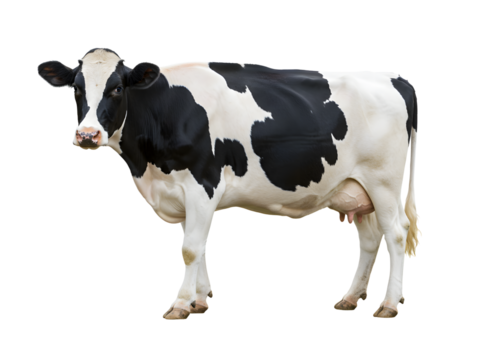 A quirky black and white dairy cow with classic spotted fur, humorously standing upright on two legs like a human, full-body isolated PNG with transparent background, perfect for comic designs, farm b