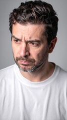 Obraz premium A man with curly hair and a well-groomed beard gazes confidently at the camera, showcasing his expressive eyes and warm smile against a neutral background.