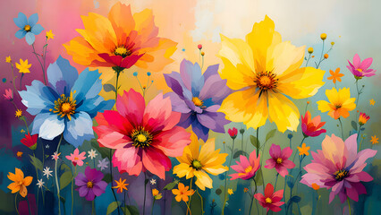 Vibrant Floral Watercolor: Cheerful Flowers on Pastel Background.
Cheerful Flower Art: Bright Colors and Painterly Style.
Artistic Floral Design: Dreamy Pastel Watercolor Flowers.
