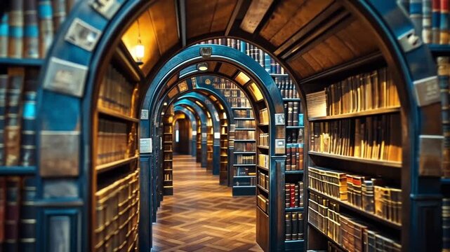 Explore a breathtaking book haven a long corridor enclosed by arches and lined with shelves filled with old books creating a sense of timeless knowledge and inviting exploration