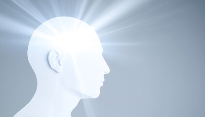 Obraz premium A close-up of a person's head, with radiant beams of light emanating from the top, creating a surreal and ethereal atmosphere around them.