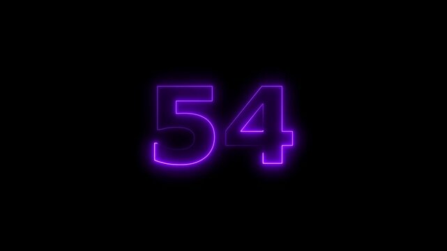 fifty four number display neon bright flat style purple color animation. Glowing orange neon countdown timer 54 number animation on black background.