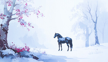 雪原に佇む馬,Generative AI,AI画像