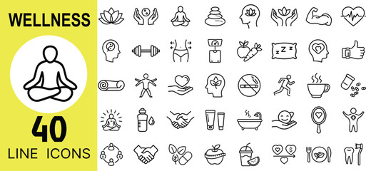 Self-Care and Wellness Icons – Meditation, Yoga, Health, Balance, Detox, Relaxation, Fitness, Spa, Nutrition, Calm, Therapy, Sleep, Mindfulness, Healing, Peace