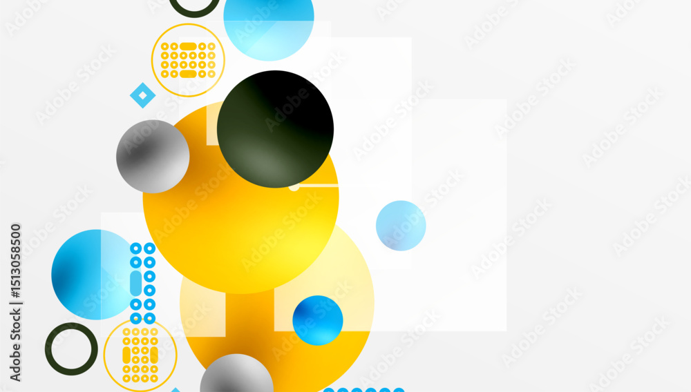 Poster Abstract composition. Overlapping circles, squares, dots create dynamic visual experience. Bright colors dominate white background.