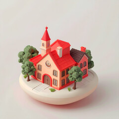 A colorful and whimsical miniature house model surrounded by trees on a smooth base, ideal for decoration or design inspiration