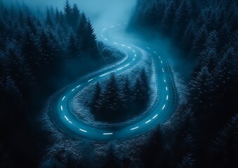 Winding road through misty forest