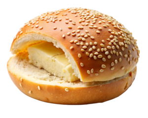 open buttered bun with sesame seeds