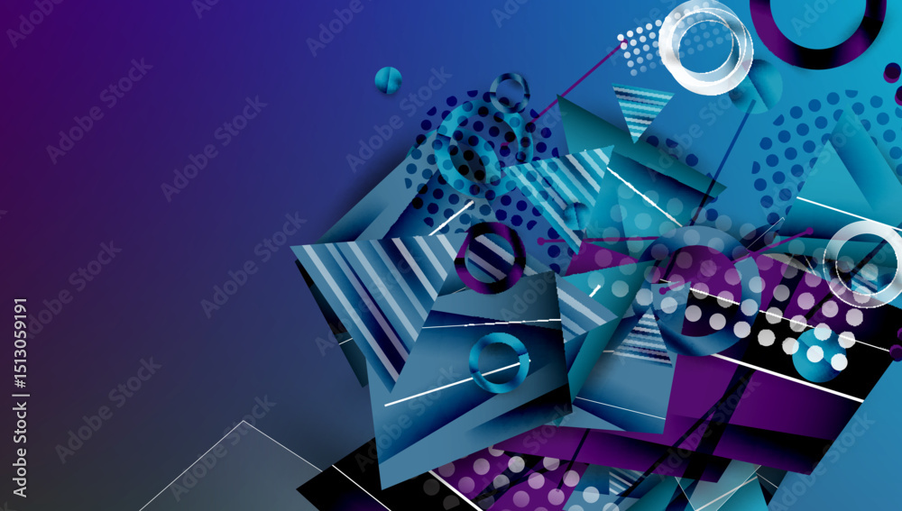 Poster Abstract geometric composition. Blue, purple hues dominate. Shapes overlap creating dynamic visual effect. Modern design elements present.