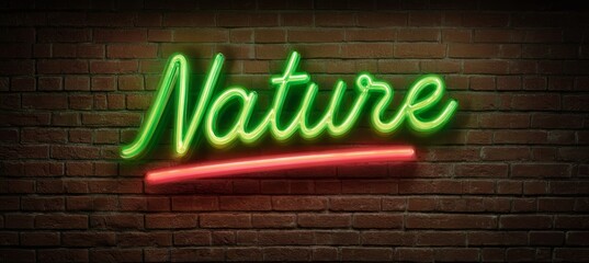 Nature word on glowing neon light. Nature ecology growth environment concept. World earth day holiday. Generative AI technology.