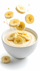 A bowl of creamy banana yogurt with fresh banana slices splashing in the air, creating a vibrant and appetizing scene