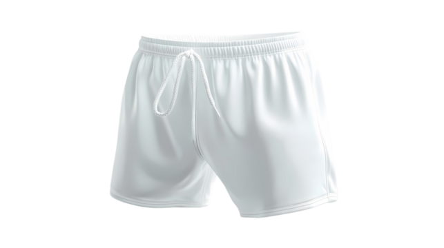 A pair of white athletic shorts with a drawstring  in a studio shot isolated on transparent background