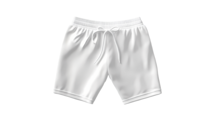 A pair of white shorts with a drawstring waist laid out  in a studio shot isolated on transparent background
