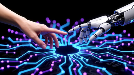 Human and robotic hands near contact over a vibrant glowing neon blue purple neural network grid lines