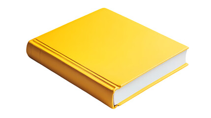 A close up shot of a yellow hardcover book lying flat on a black surface with white pages visible isolated on transparent background