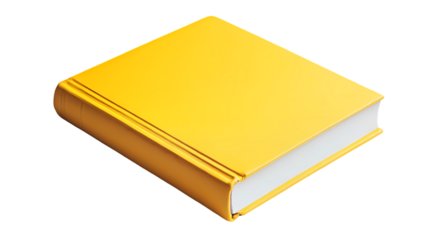 A close up shot of a yellow hardcover book lying flat on a black surface with white pages visible isolated on transparent background