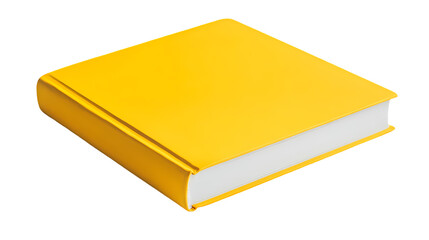 A close up shot of a bright yellow hardcover book resting  in a studio shot isolated on transparent background