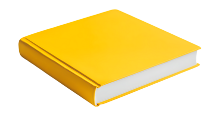 A close up shot of a bright yellow hardcover book resting  in a studio shot isolated on transparent background