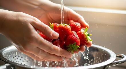 Washing Fresh Strawberries Under Running Water in Sink