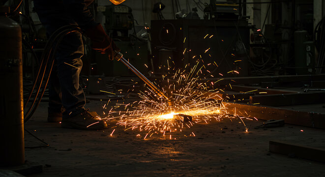 Welder Cutting Metal with Sparks in Workshop - Powered by Adobe