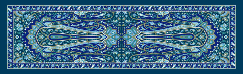 Artistic Blue Dupatta Design – Seamless Digital Textile with Indian Folk Motifs, Floral Elements and Lace Edging