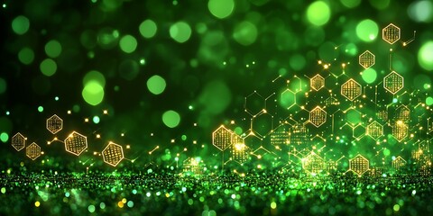 Abstract green backdrop with golden hexagons