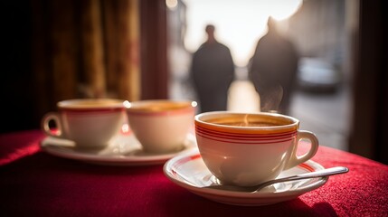 Fototapeta premium Three Steaming Cups of Coffee on Red Tablecloth, City Street Blurred Background