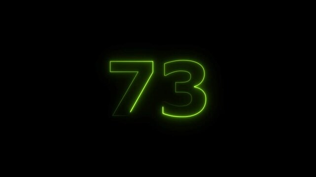 seventy three number display neon bright flat style lime green color animation. Glowing lime green neon countdown timer 73 number animation on black background.