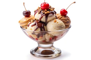 Delicious Sundae in a Footed Bowl with Cherries, Chocolate Sauce, and Crumble Topping