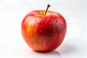 Fresh Red Apple with Stem and Droplets Against a Bright White Backdrop