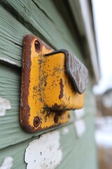 Rusty yellow box on a light green wooden wall