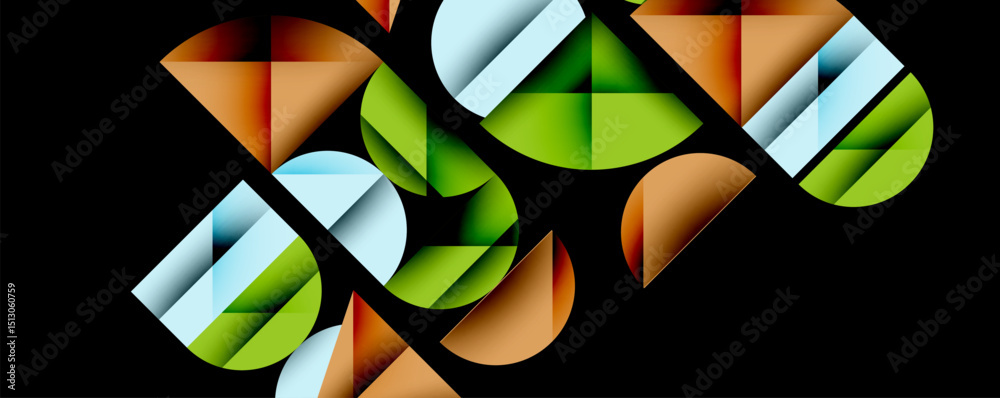 Poster Abstract geometric shapes overlap, creating colorful design. Triangles, circles blend, forming dynamic composition. Modern, vibrant aesthetic.