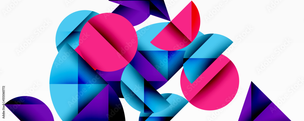Poster abstract geometric shapes overlap, creating vibrant composition. blues, pinks, purples dominate whit