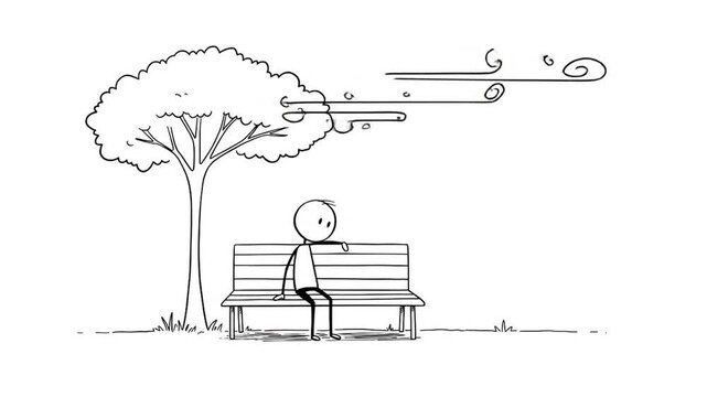 Stick figure sitting on bench under tree on windy day