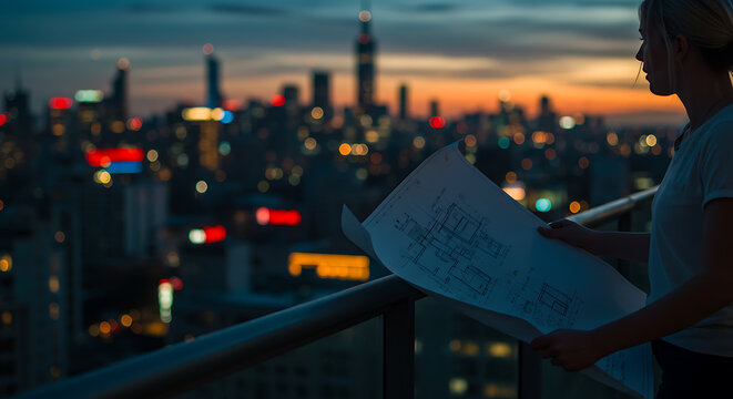 Woman Reviews Blueprint at Dusk Cityscape
