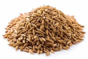 Obraz premium Heap of Cumin Seeds Aromatic Spice Ready for Culinary Use on White Background