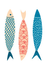 Fish illustrations, colorful with pattern. Vector Illustrations. Sardines, sea poster. Cute fish illustrations