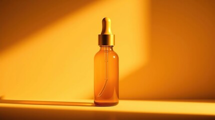 Fototapeta premium A glass bottle with a dropper, filled with a golden liquid, stands on a surface against a yellow backdrop. Sunlight casts a long shadow