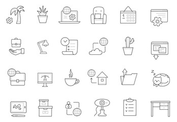 Home office, freelance doodle icons or signs set . vector