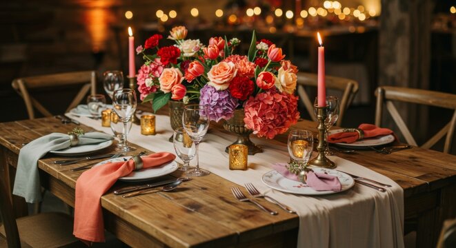 Rustic Wedding Table Setting with Coral and Pink Flowers