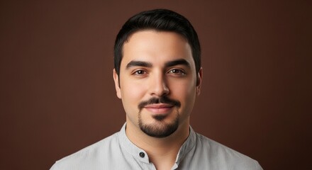 Obraz premium Close-Up Portrait of a Man Isolated on Brown Background – Neutral Studio Lighting and Minimal Style