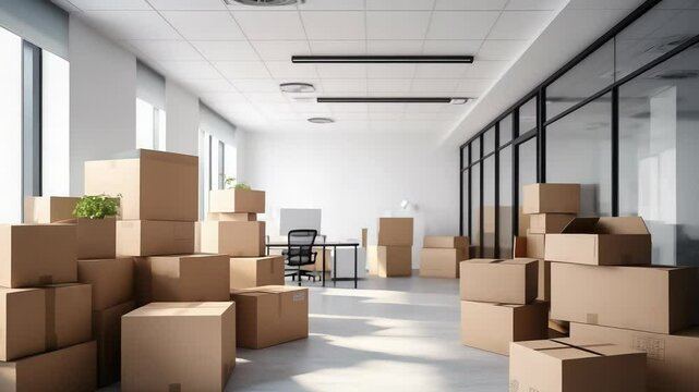 Office relocation activity showcasing cardboard boxes and empty workspace in a well-lit environment