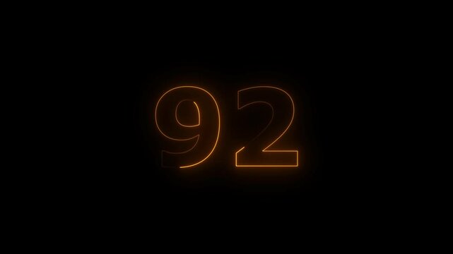 ninety two number display neon bright flat style orange color animation. Glowing orange color neon countdown timer 92 number animation on black background.